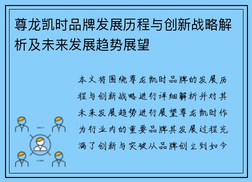 尊龙凯时品牌发展历程与创新战略解析及未来发展趋势展望